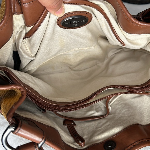 Francesco Biasia Beige Straw Brown Faux Leather Purse Shoulder Bag Satchel Tote - Picture 11 of 14